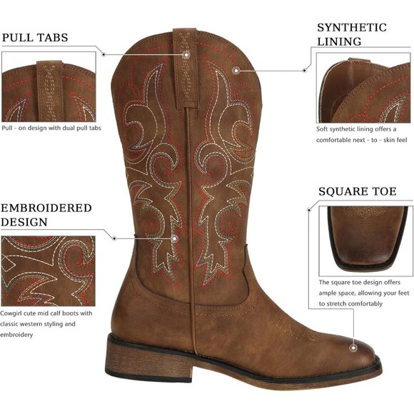 ⚡Women's Brown Square Toe Cowgirl Cowboy Boots Mid Calf With Chunky Heel - Picture 2 of 9